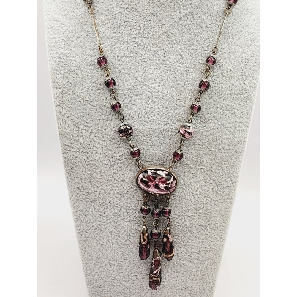 Antique Are Deco Purple Czech Glass & Wedding Cake Dangle Pendant Necklace A473